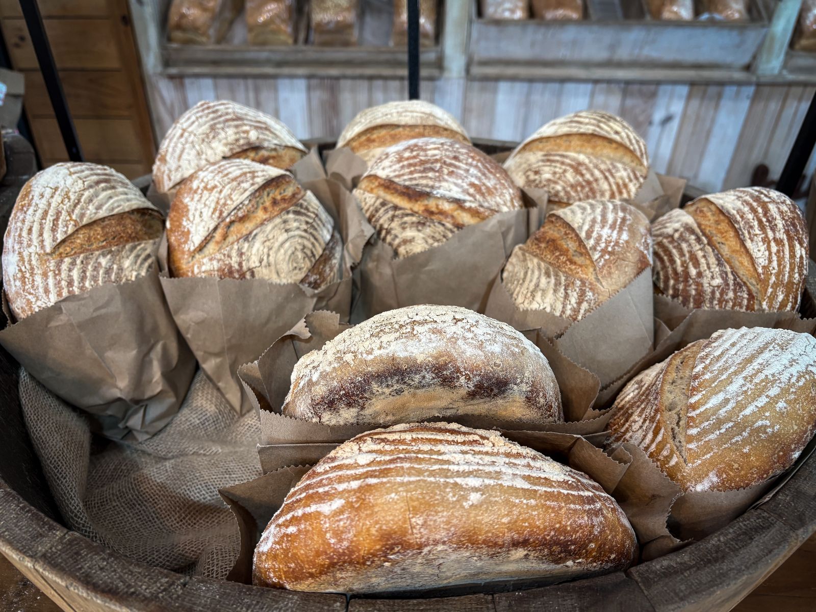 Sourdough loaves cooling on a rustic shelf